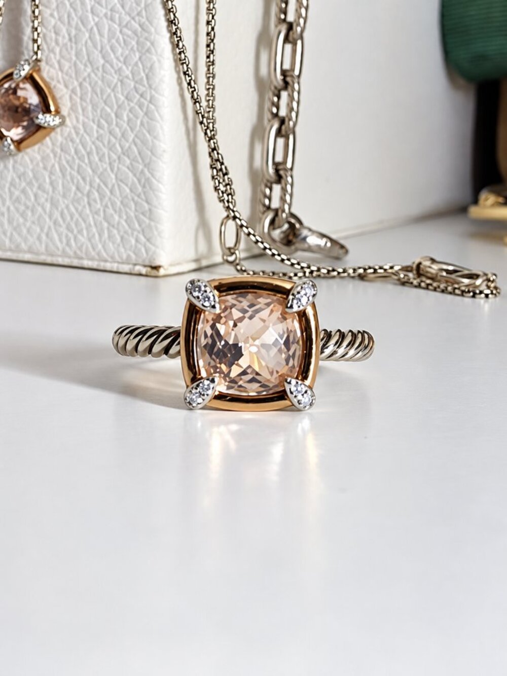 David Yurman Petite Châtelaine Morganite & Diamond Ring Sz6 Silver & Rose Gold